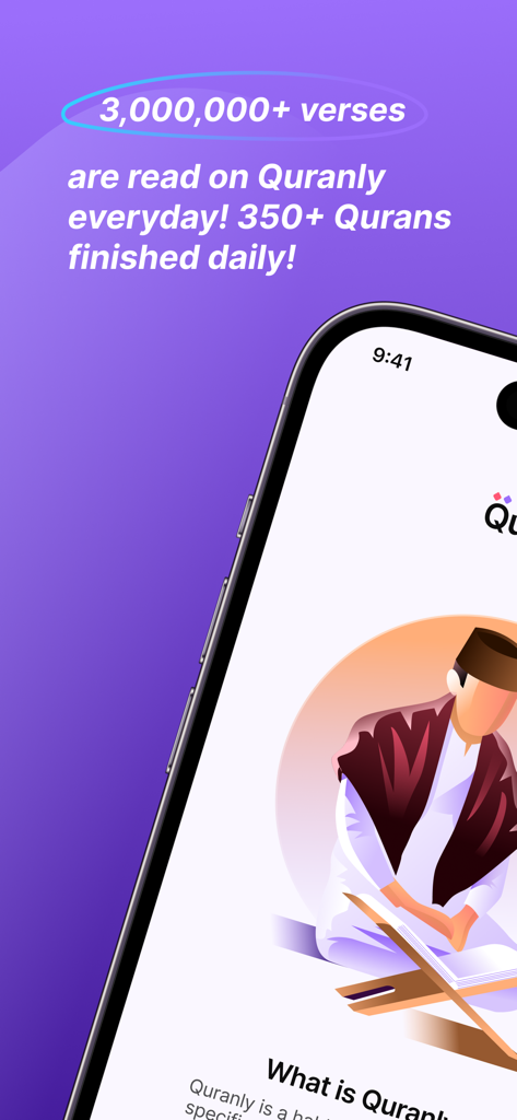 Eine Illustration eines Mannes, der den Quran auf einem Handy-Bildschirm liest und tägliche LeseStatistiken für die Quranly-App anzeigt.