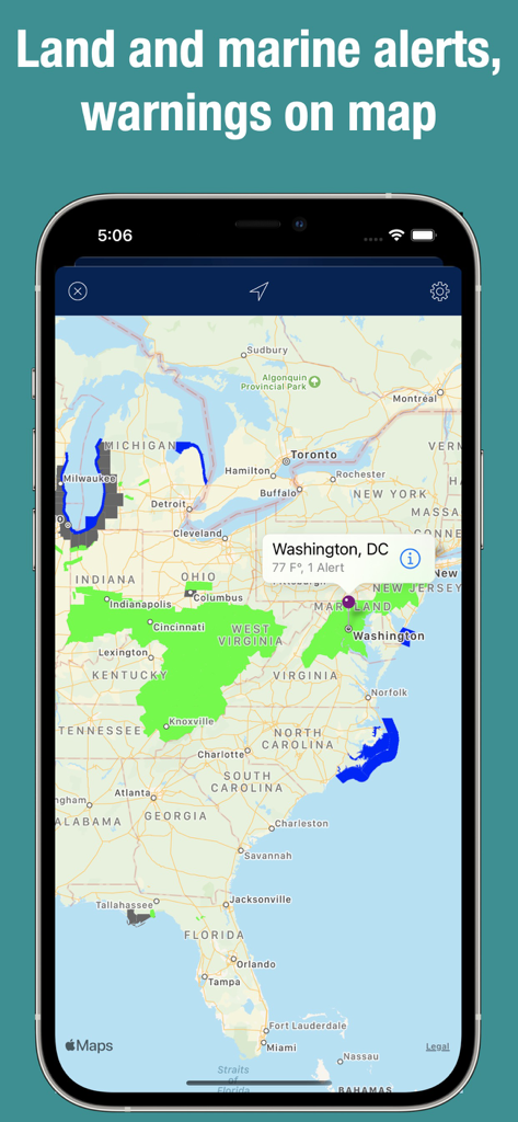 Doppler Radar - Live Rain Map - A mobile weather app showing an interactive map of the United States with highlighted land and marine weather alerts and warnings.