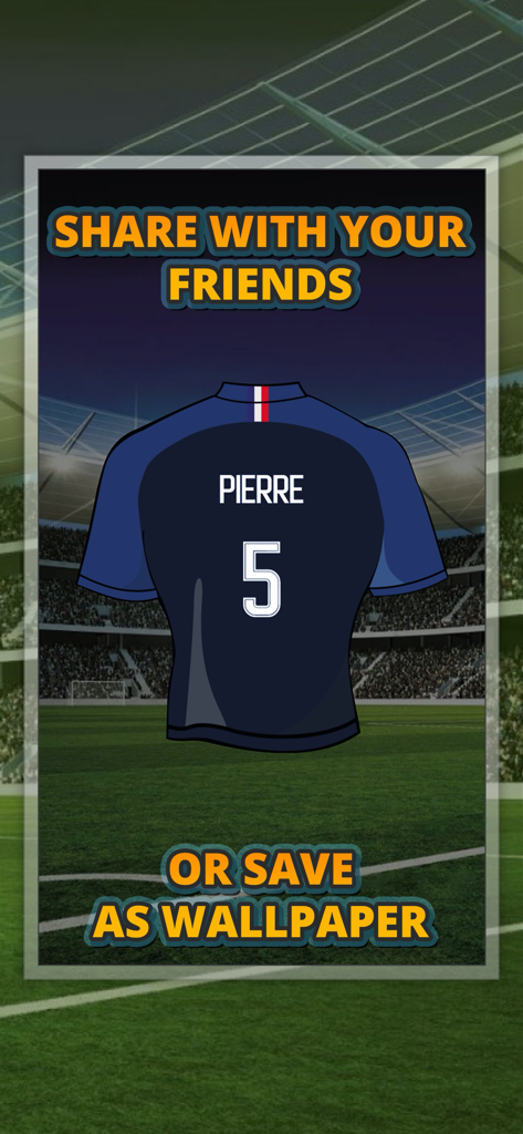 Customized soccer jersey with name Pierre and number 5 displayed over a stadium background with sharing and wallpaper options