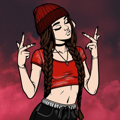 realistic teenage girl with braids and a beanie and crop top doing 🫶🏼