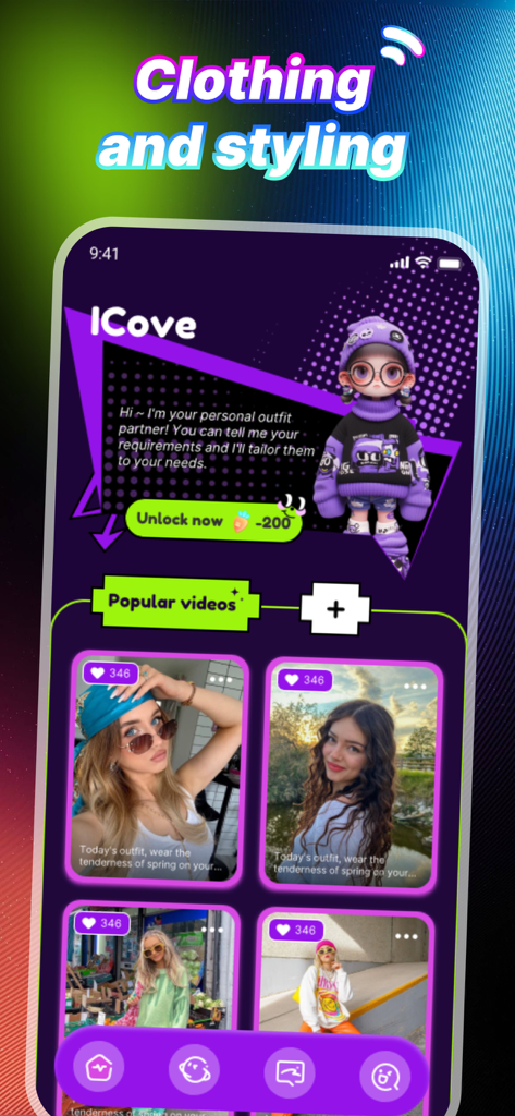 iCove: Style Creativity, Video - Smartphone screen displaying the iCove fashion app with popular outfit videos and an AI assistant section.