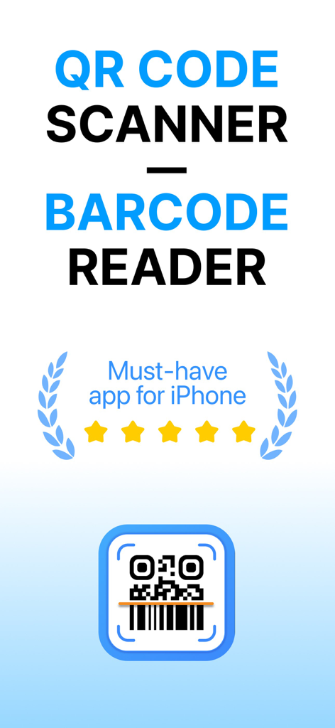Scan QR Code Master - Pantalla promocional de la aplicación Scan QR Code Master que muestra funciones de escáner de códigos QR y lector de códigos de barras con una calificación de cinco estrellas para iPhone.