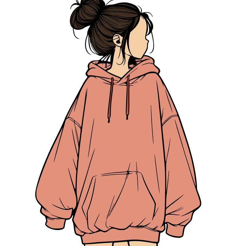 realistic girl with a oversized sweatshirt on and a bun