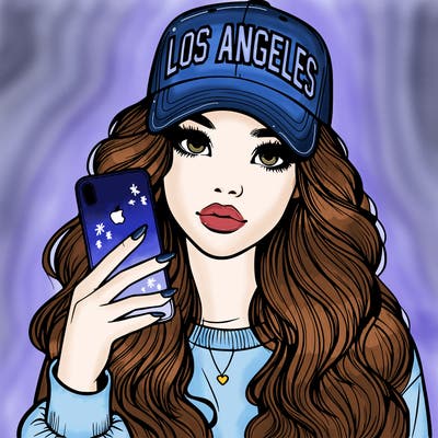 realistic beautiful girl wearing los ángeles cap holding an iphone