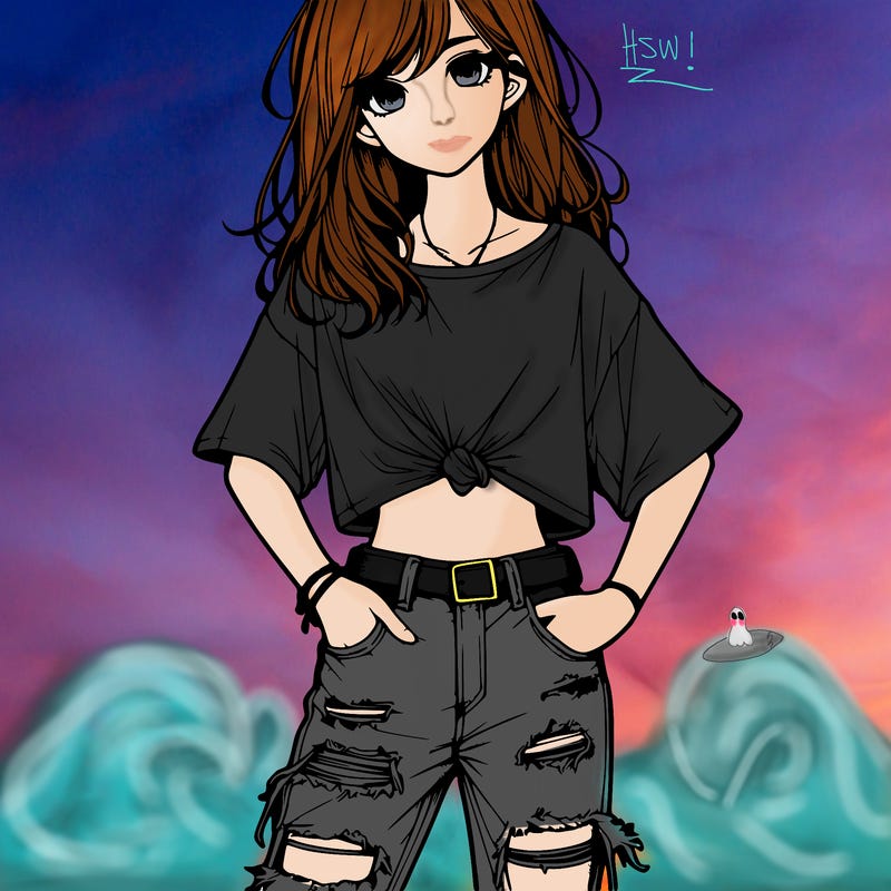 a girl with ripped jeans a t-shirt realistic