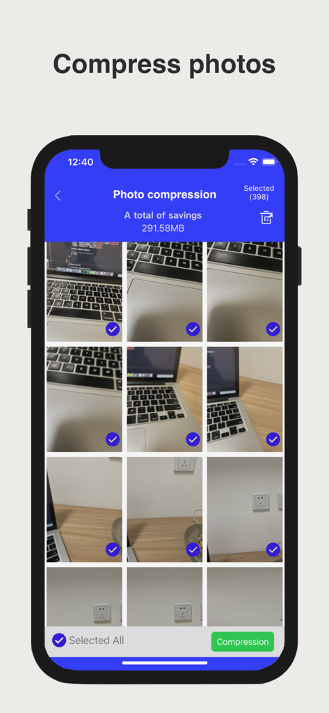 Super Cleaner App Foto-Komprimierungsoberfläche zeigt ausgewählte Fotos und Speicherplatzersparnis