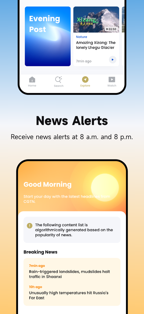 CGTN - 毎日のニュースアラートと速報ヘッドラインを表示するCGTNアプリのインターフェース