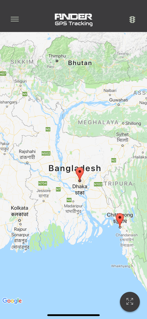 Finder GPS Tracking - Map interface of Finder GPS Tracking app displaying vehicle location markers