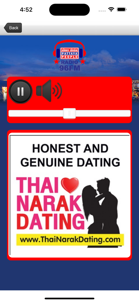 Pattaya People - Pattaya People radio player screen with an advertisement for a Thai dating service