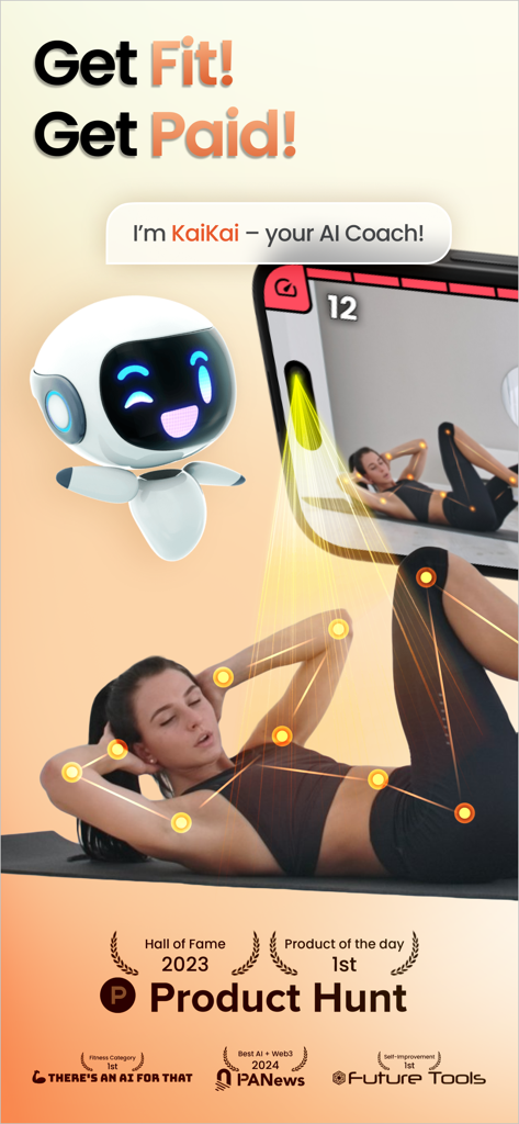 Impakt AI Fitness Gym, Rewards - Impakt AI fitness app display showing motion tracking during a workout with AI coach KaiKai