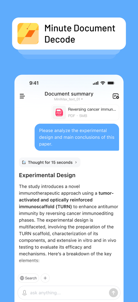 A screenshot of MiniMax AI app showing a detailed document summary and experimental design analysis from a PDF research paper.