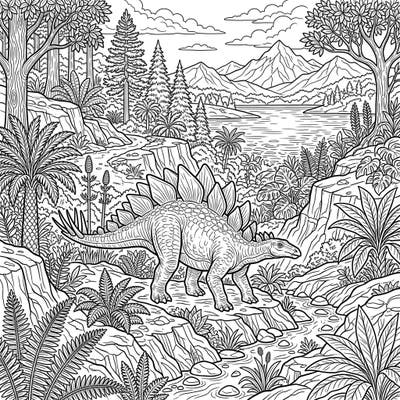 Unleash your creativity with this highly detailed Stegosaurus habitat coloring page. Perfect for teens, this intricate design transports you to the lush prehistoric world of the Jurassic period, offering hours of engaging artistic fun.