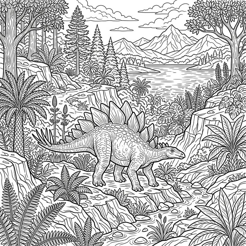 Unleash your creativity with this highly detailed Stegosaurus habitat coloring page. Perfect for teens, this intricate design transports you to the lush prehistoric world of the Jurassic period, offering hours of engaging artistic fun.