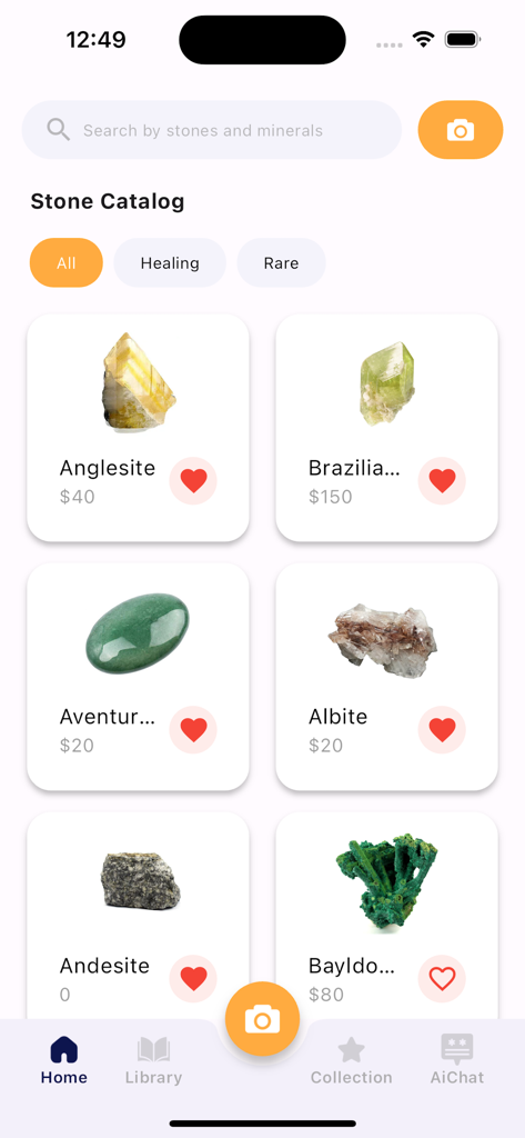Rock Identifier - Stone ID - Rock Identifier app showing a catalog of stones and minerals like Anglesite and Aventurine with price and search features