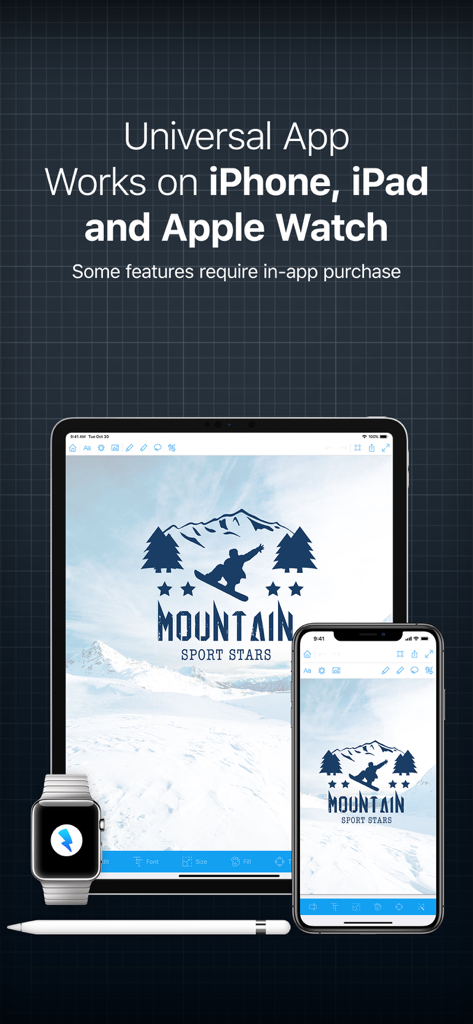 Logo Creator゜ - Logo Creator app interface shown on iPhone, iPad, and Apple Watch with a mountain-themed logo design.