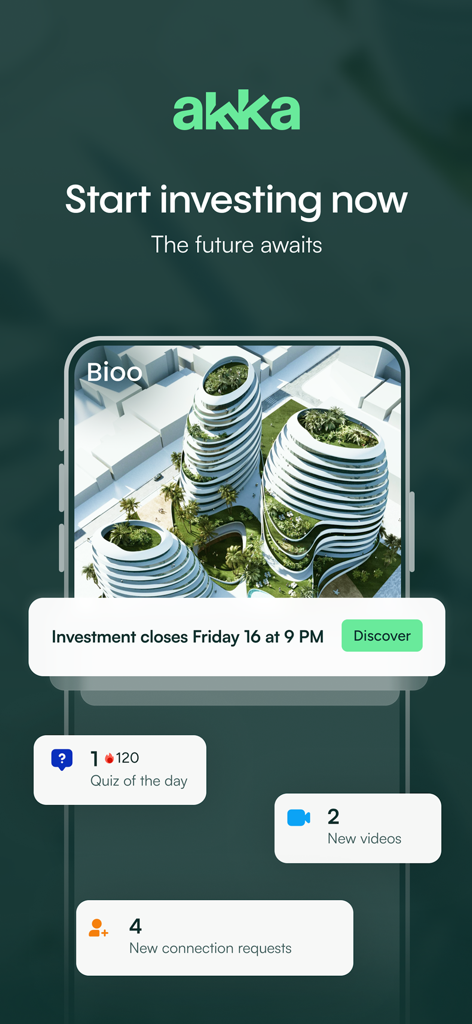 Akka - Pantalla de inicio de la aplicación Akka que muestra una oportunidad de inversión en startups seleccionada y tarjetas de interacción comunitaria.