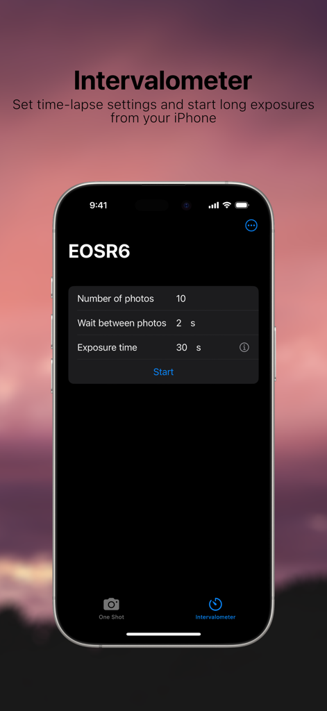 Remote Lens - Remote Lens app intervalometer interface showing time-lapse and long exposure settings for a Canon EOS R6 camera