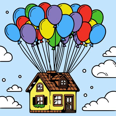 house floating from lots of balloons