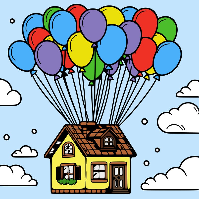 house floating from lots of balloons