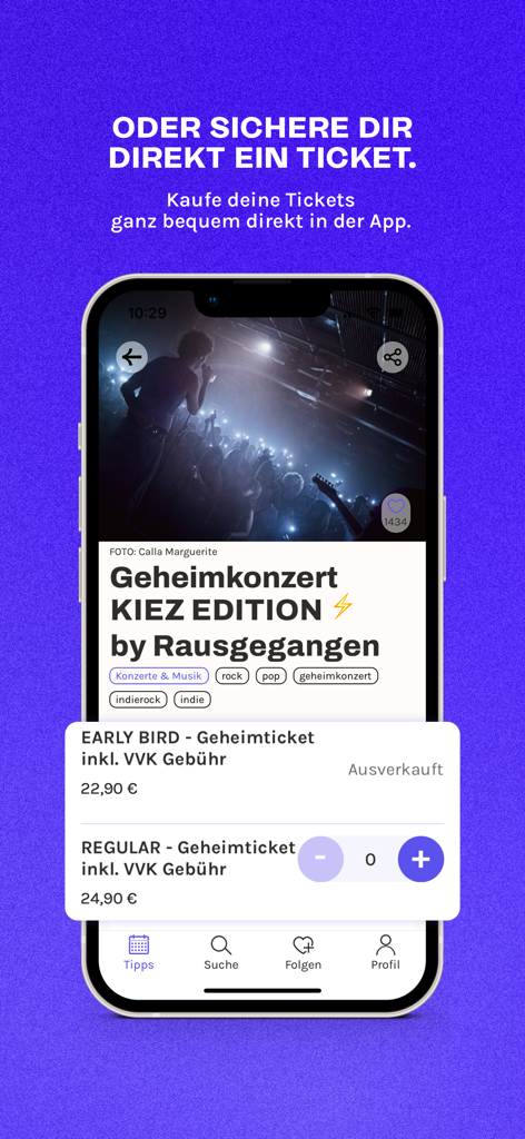 In-app ticket purchase screen for a secret concert on Rausgegangen