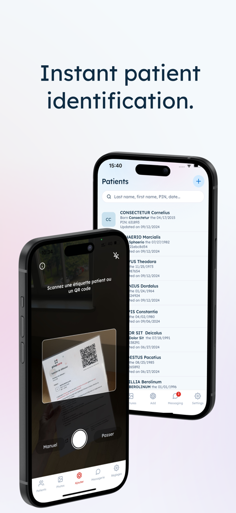 Pixacare - Pixacare app interface for instant patient identification by scanning a QR code on a medical label
