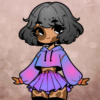 cute femboy with short, fluffy hair that softly frames their face, wearing a cropped hoodie, paired with a flouncy short skirt, and thigh-high stockings