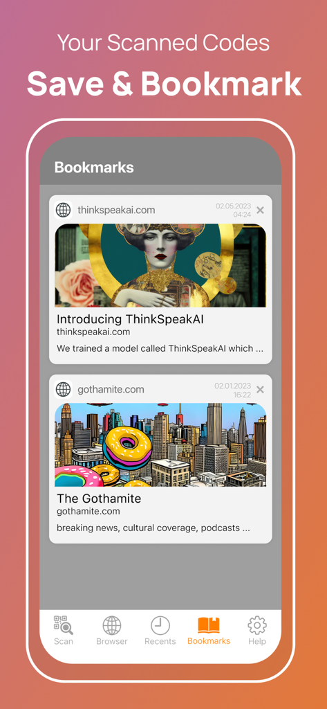 قارئ الباركود - Barcode reader - Interface of the Barcode Reader app showing the Bookmarks feature to save and organize scanned codes and website links.