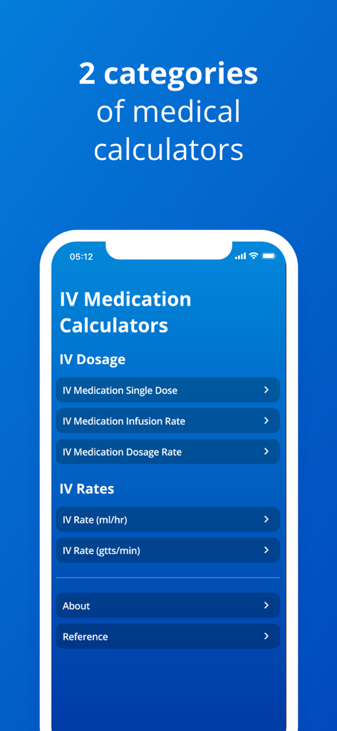 IV Dosage and Rate Calculator - Main menu screen of the IV Dosage and Rate Calculator app showing categories for IV dosage and IV rates