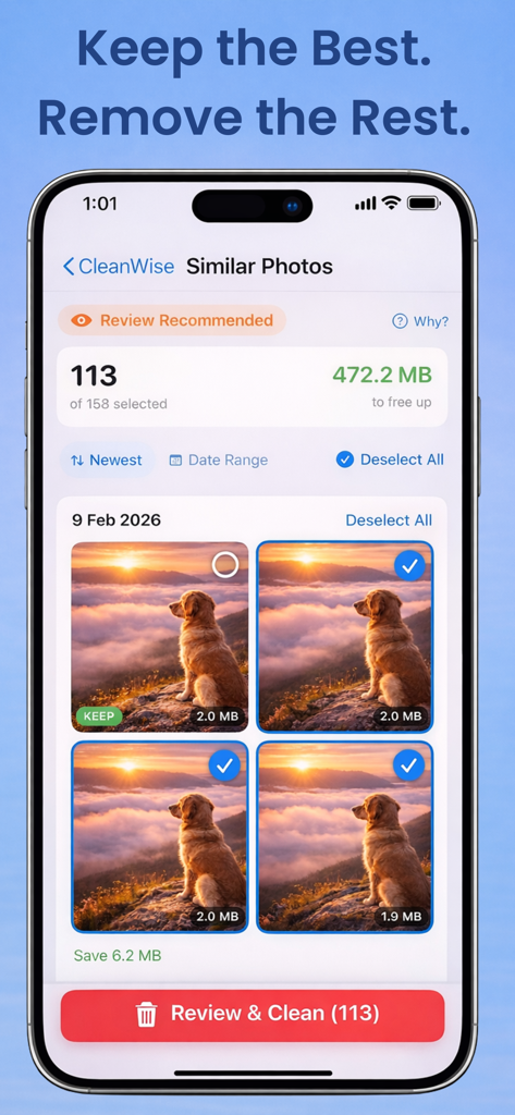 CleanWise: Storage Cleaner - CleanWise app interface showing the similar photos cleanup tool with dog photos selected for deletion to free up storage space.