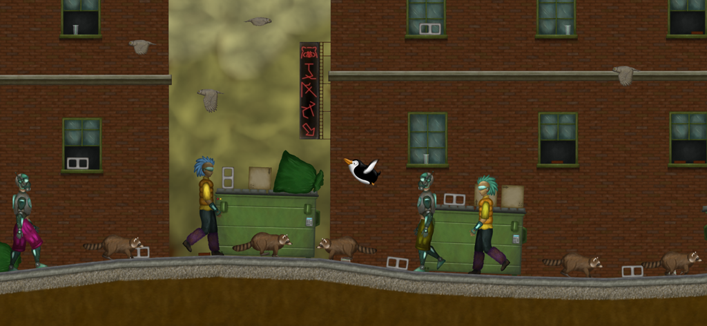 Un personaggio pinguino che salta sopra procioni e persone in un livello urbano cittadino