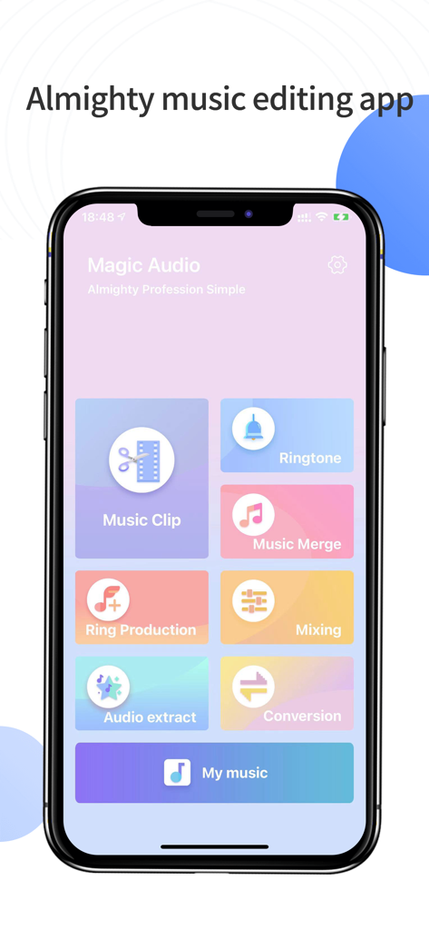Music Clip - Ringtone Maker - Pantalla de inicio de la aplicación creadora de tonos de llamada Magic Audio que muestra herramientas para edición de música y creación de tonos de llamada