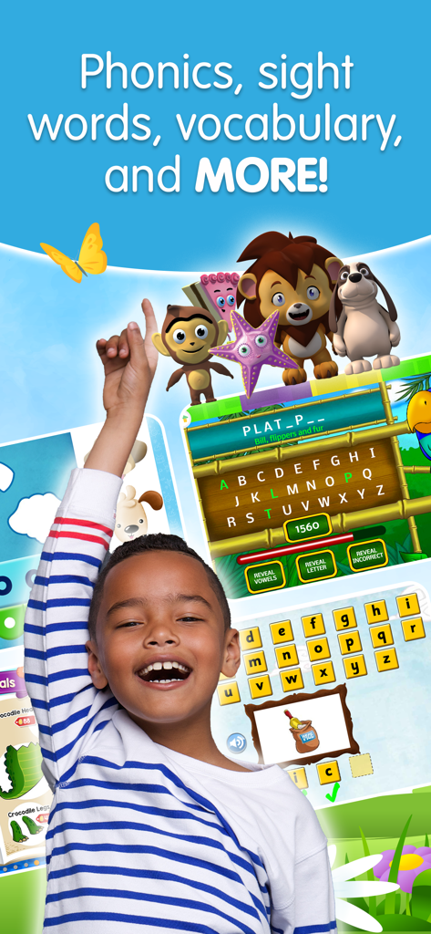 A smiling child interacting with phonics and sight word games in the Reading Eggs app