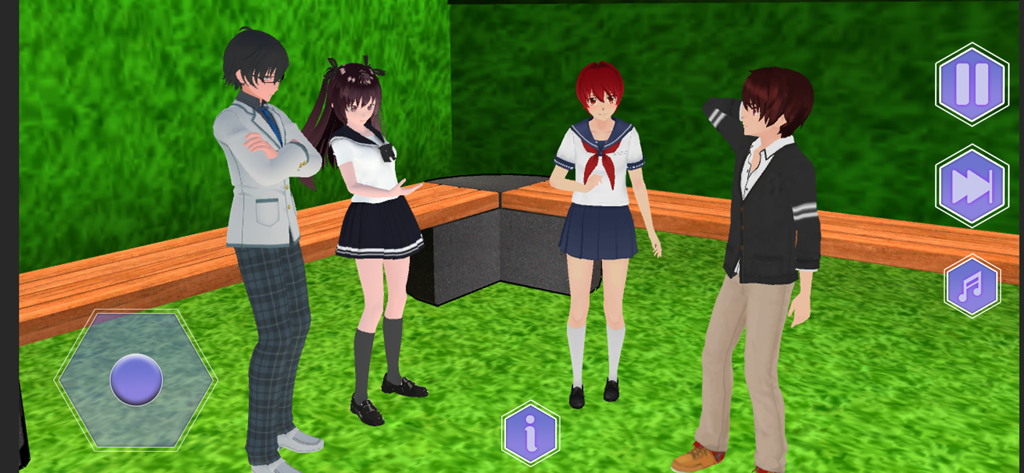 Anime School Simulator Life 3D - Four anime school students interacting in a 3D school simulation