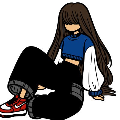 a girl with baggy pants and a crop top with long hair