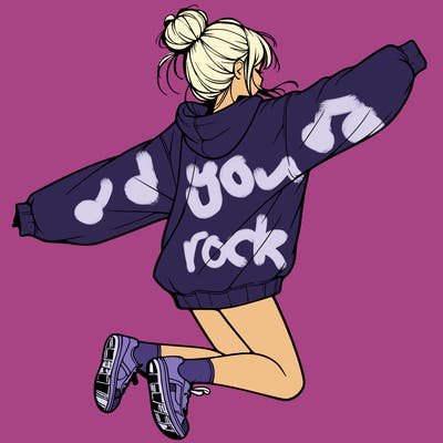 realistic girl jumping with a bun and oversized sweatshirt