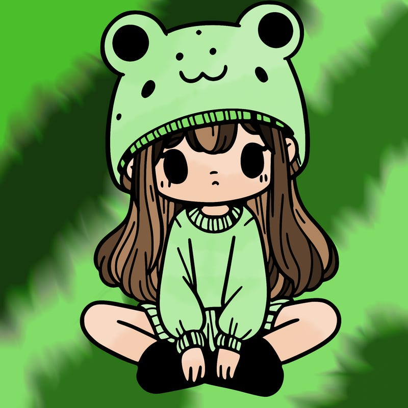 a girl wearing a frog hat and some frog socks