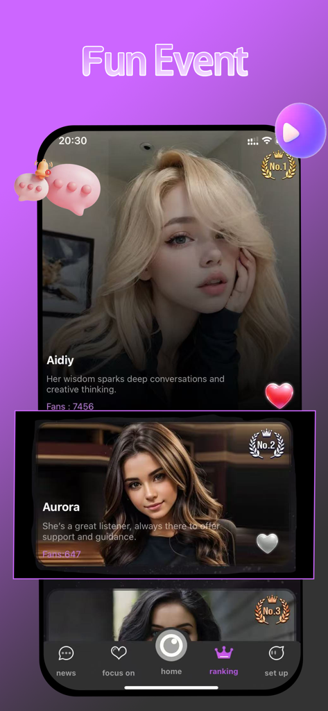 Maria. - A screenshot of the Maria AI Friends app showing different AI character profiles with rankings and descriptions.