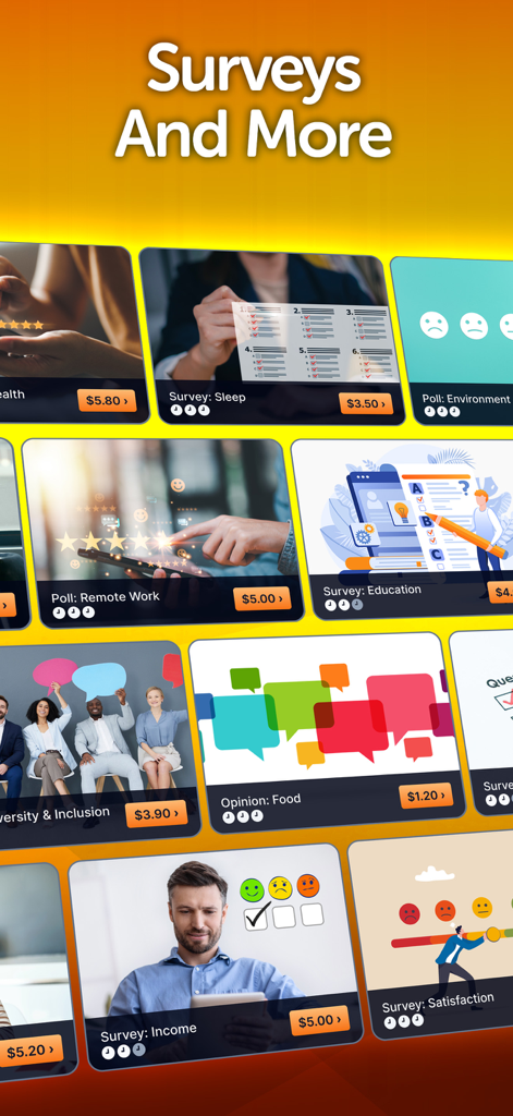 Testerup app interface showing a collection of paid surveys and polls with associated dollar rewards for completion.