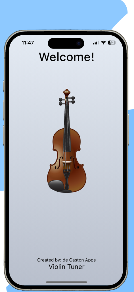 Écran d'accueil de l'application Accordeur de violon avec une illustration de violon.