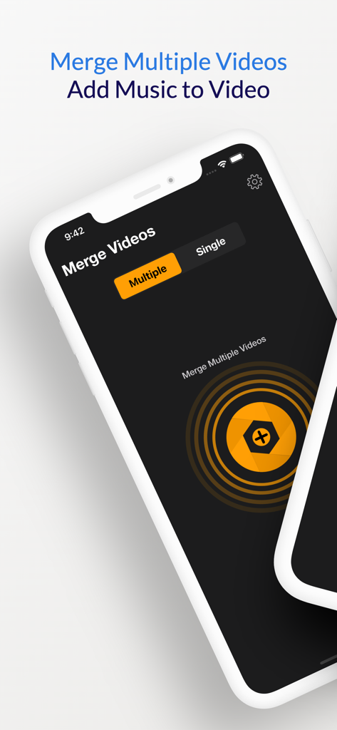 Merge Video Files - Pantalla de un smartphone mostrando la interfaz para unir múltiples archivos de video y agregar música.