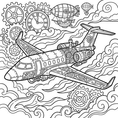 Embark on an epic coloring adventure with this unique steampunk private jet design. Featuring intricate gears and fantastical airships, this page offers a thrilling blend of luxury travel and retro-futuristic charm.
