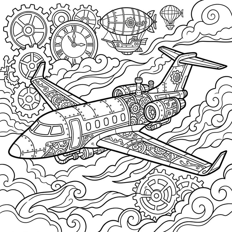 Embark on an epic coloring adventure with this unique steampunk private jet design. Featuring intricate gears and fantastical airships, this page offers a thrilling blend of luxury travel and retro-futuristic charm.