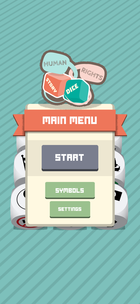 Story Dice - Human Rights - Menu principal do aplicativo Story Dice Direitos Humanos com botões para Iniciar, Símbolos e Configurações.