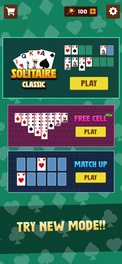 Menu screen showing Solitaire Classic, FreeCell, and Match Up game modes with play buttons.