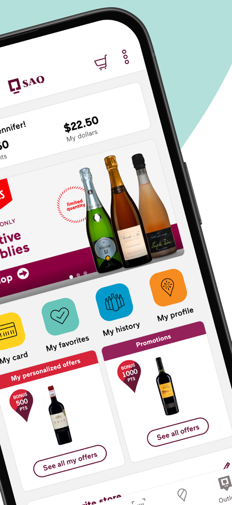 SAQ mobile app interface showing loyalty points balance and personalized wine offers