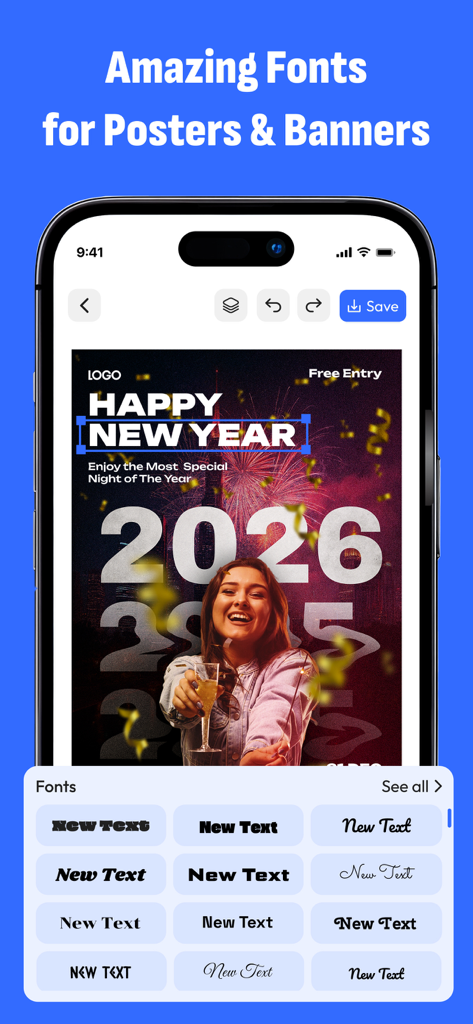 Poster Maker, Flyer Creator - ポスターメーカーアプリ内で、フォント選択メニューと「ハッピーニューイヤー2026」ポスターデザインを表示するモバイル画面。