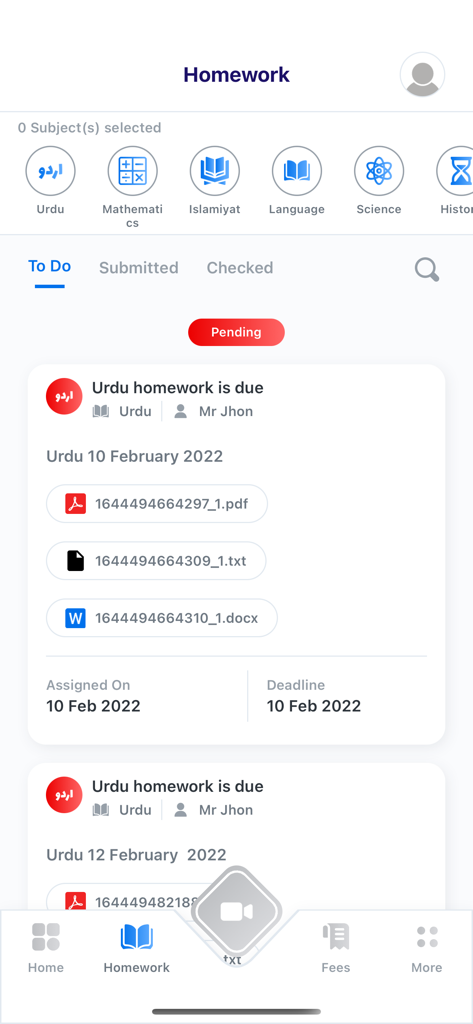 My School LMS - Dashboard of the My School LMS app showing pending homework assignments and attached documents