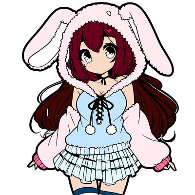 pretty anime girl wearing a fluffy hoodie with bunny ears on the hood and a skirt