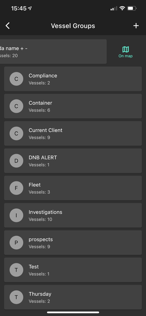 vesseltracker.com mobile - Vessel Groups management screen showing fleet categories and vessel counts