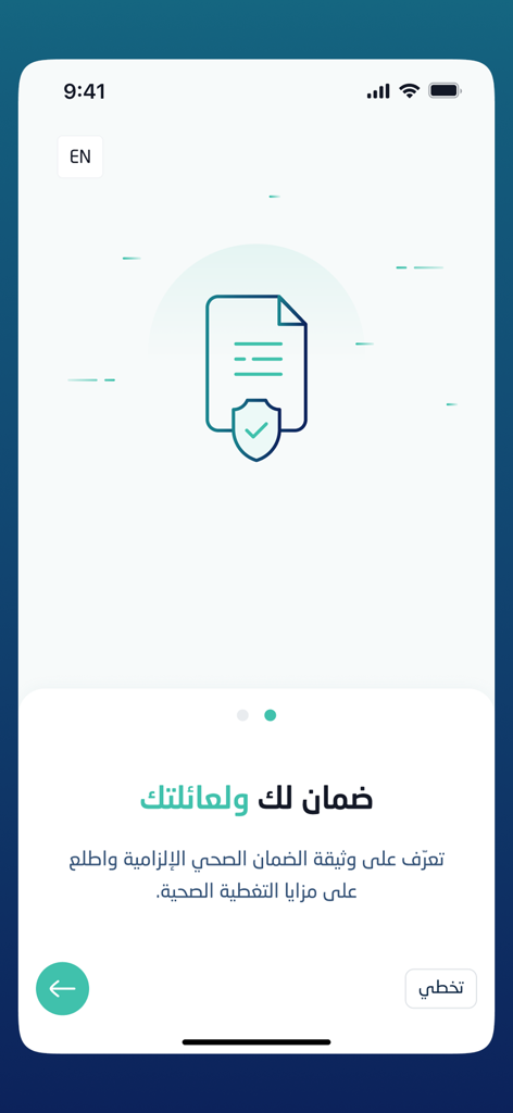 Daman health insurance app onboarding screen showing family coverage options in Arabic